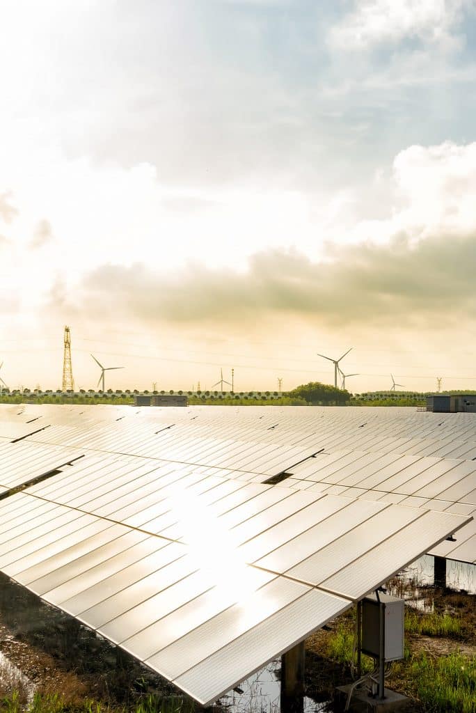 Solarpanels auf einem Feld, dahinter befinden sich Windräder