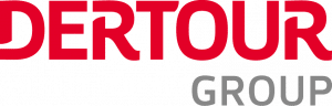Logo der DERTOUR Group. Rote und graue Schrift vor neutralem Hintergrund