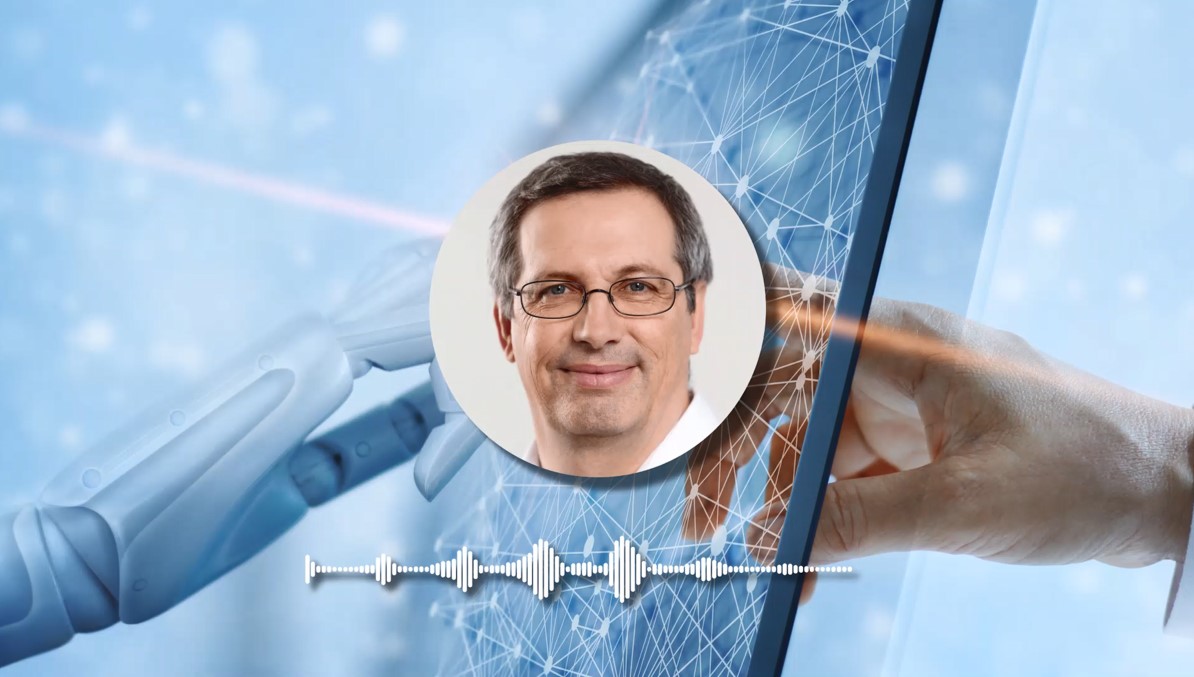 Ein Porträt von Robert Zores vor einem Symbolbild, auf dem sich eine menschliche und eine Roboterhand berühren