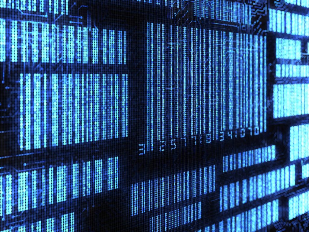 Leuchtender Strichcode und Zahlen auf dunklem Hintergrund.