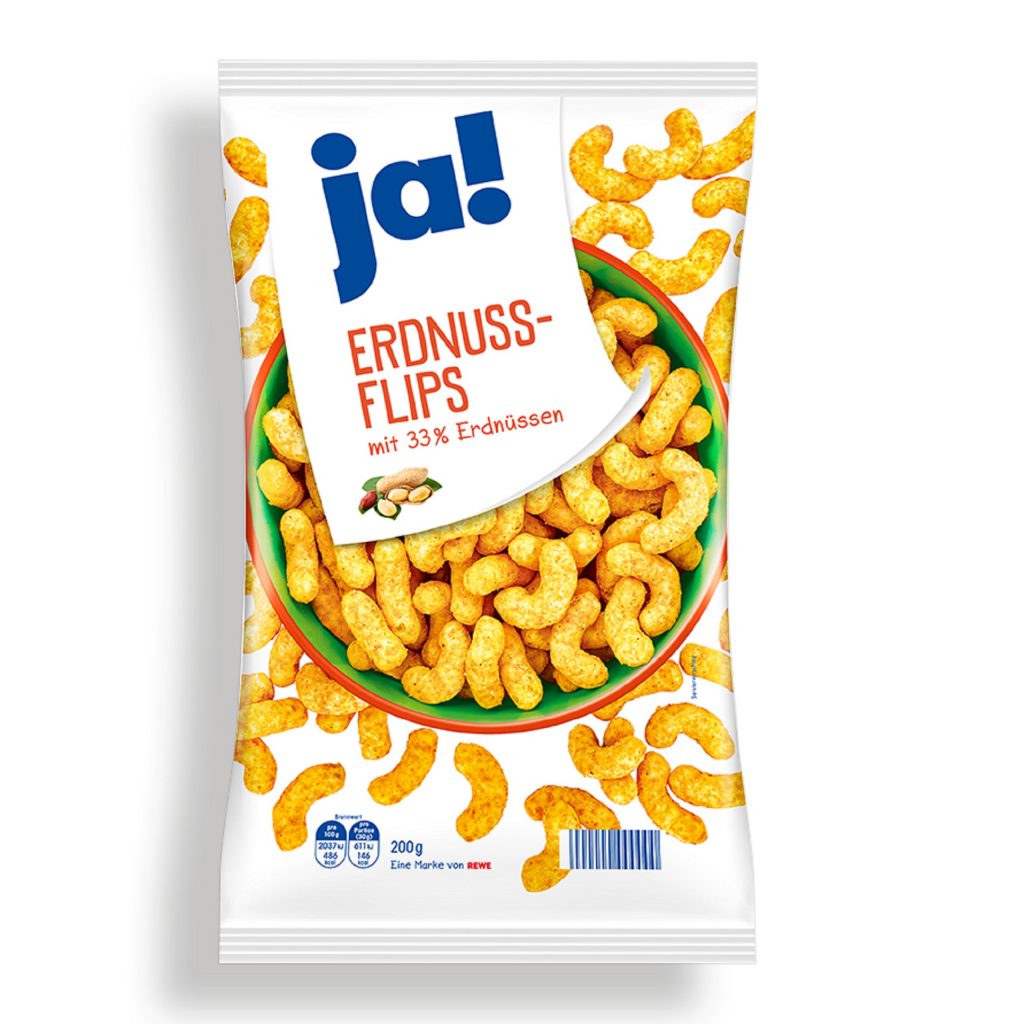 Eine ältere Version der ja! Erdnuss-Flips-Packung.