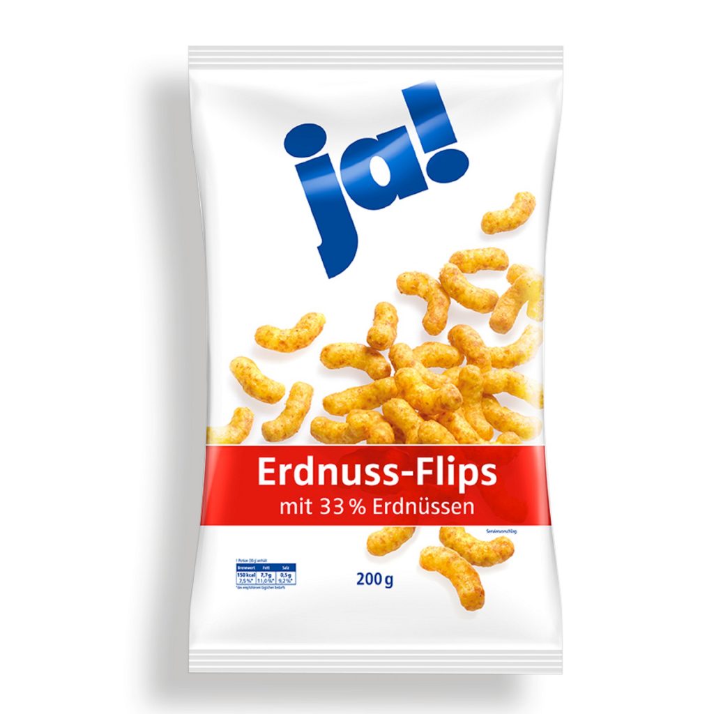 Eine ältere Version der ja! Erdnuss-Flips-Packung.