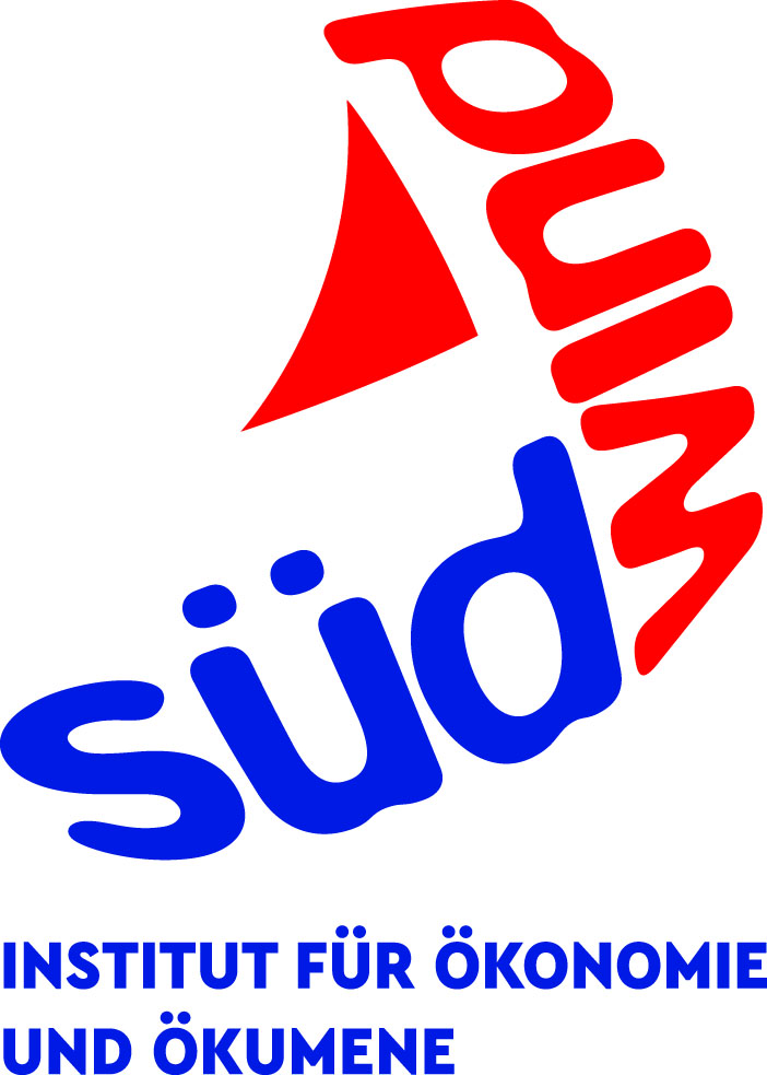 Südwind Logo - Institut für Ökonomie und Ökumene. Logo in Rot und Blau.