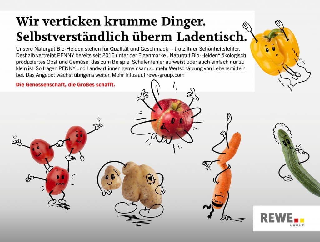 Im Comicstil humanisiertes Gemüse mit dem Schriftzug 