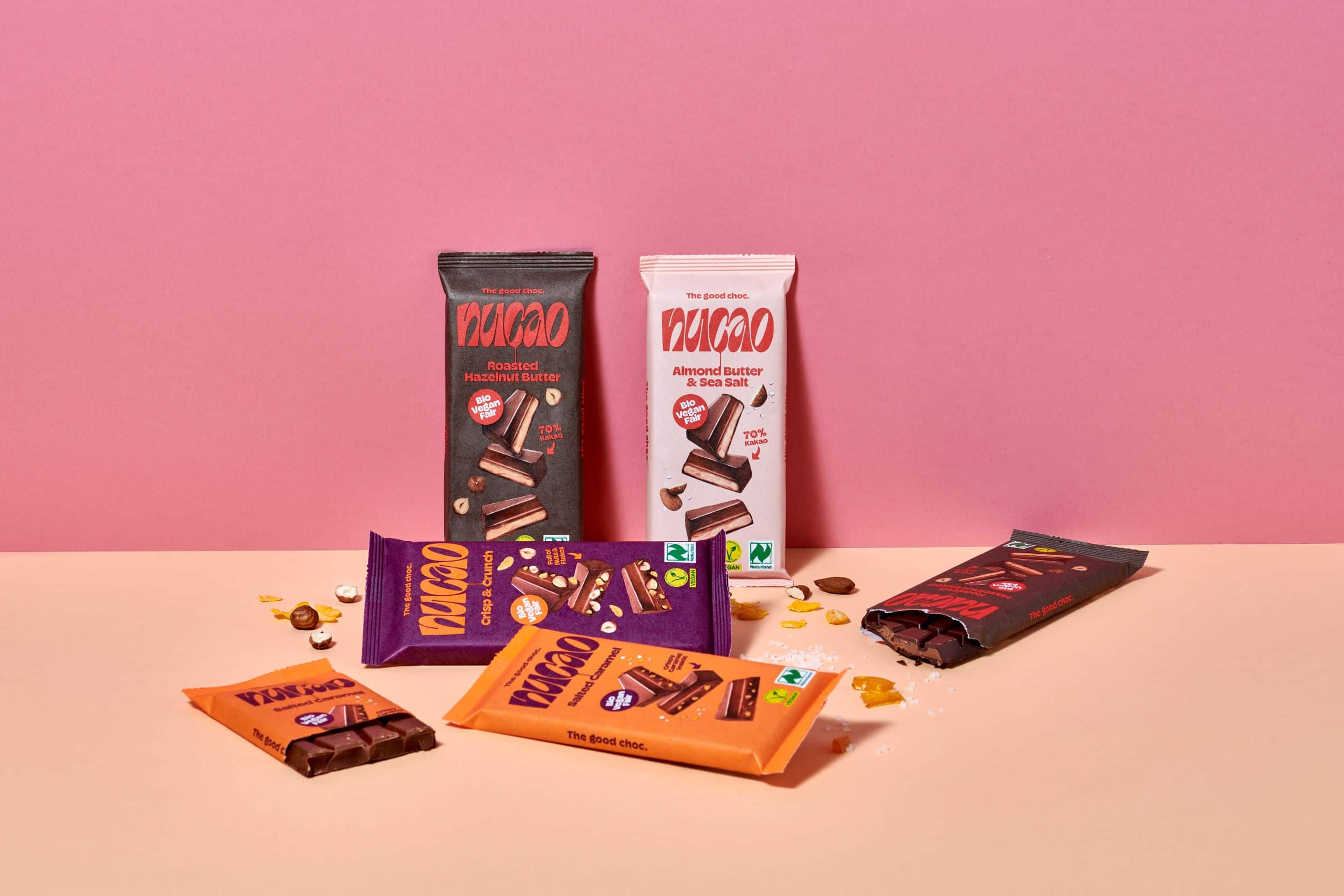 Produkte von nucao in den Sorten Roasted Hazelnut Butter, Almond Butter & Sea Salt, Salted Caramel und Crisp & Crunch